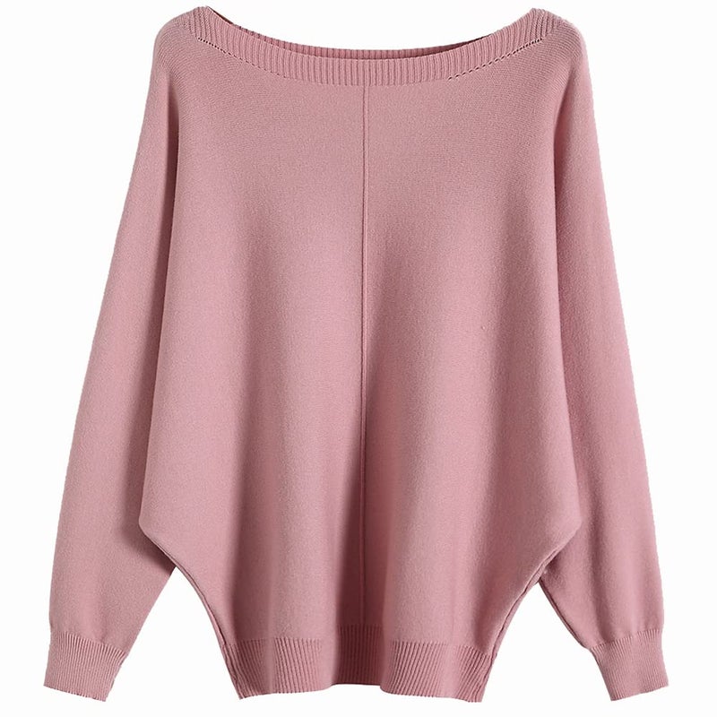 Ckikiou Womens Lightweight Oversized Boat Neck Sweaters Tops Dolman Batwing Sleeve Ribbed Knitted Pullovers Pink - Image 1